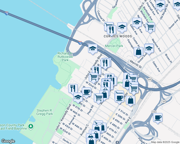 map of restaurants, bars, coffee shops, grocery stores, and more near 1224 John F. Kennedy Boulevard in Bayonne