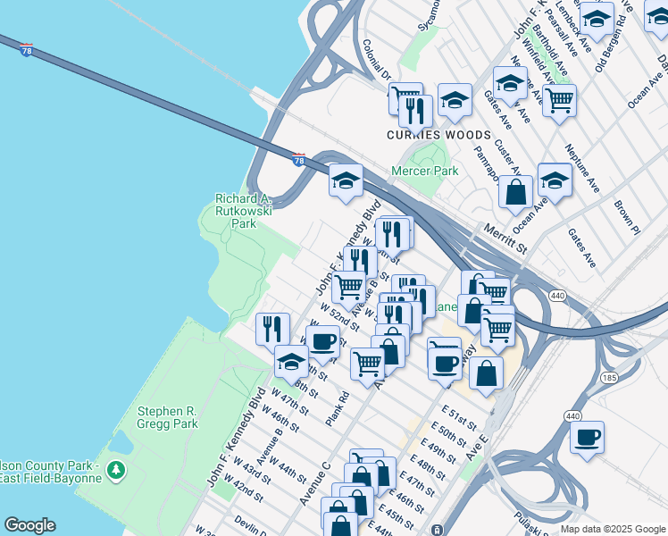 map of restaurants, bars, coffee shops, grocery stores, and more near 1224 John F. Kennedy Boulevard in Bayonne