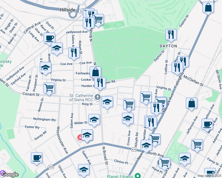 map of restaurants, bars, coffee shops, grocery stores, and more near 1410 Lower Road in Elizabeth