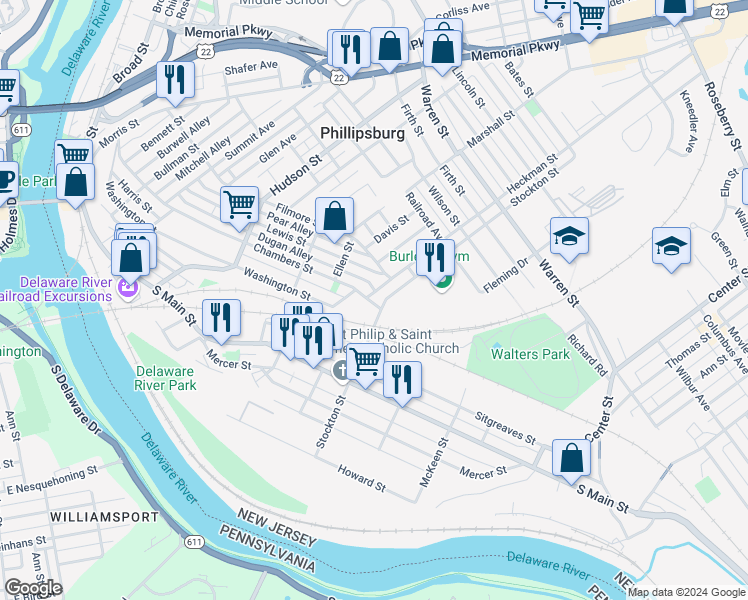 map of restaurants, bars, coffee shops, grocery stores, and more near in Phillipsburg