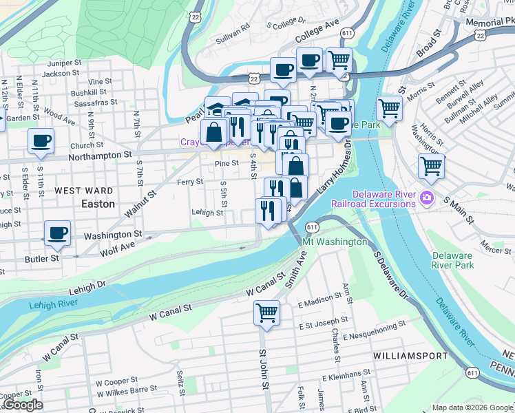 map of restaurants, bars, coffee shops, grocery stores, and more near 127 South 4th Street in Easton