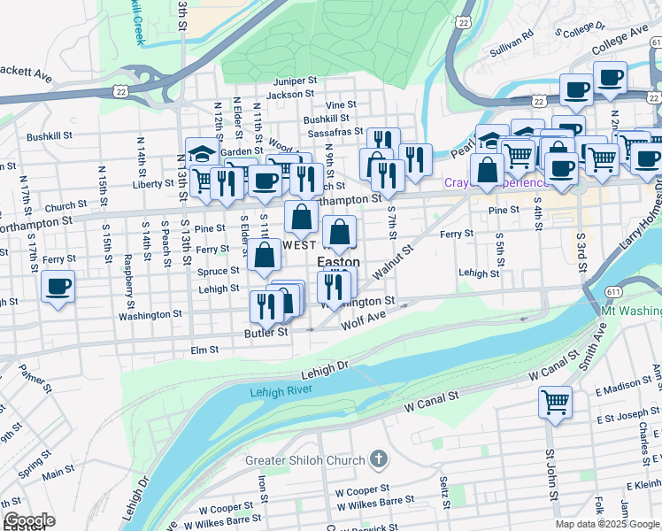 map of restaurants, bars, coffee shops, grocery stores, and more near in Easton