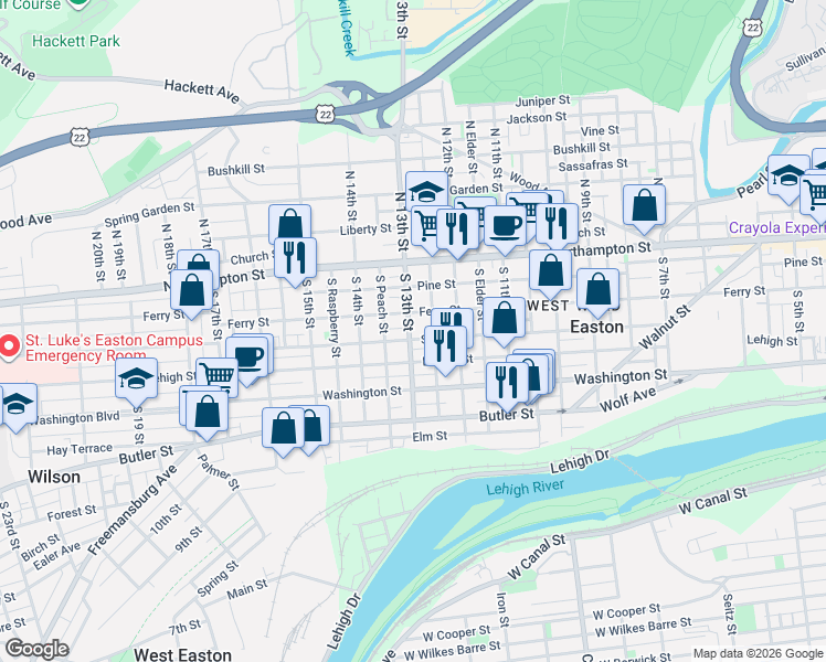 map of restaurants, bars, coffee shops, grocery stores, and more near 1251 Ferry Street in Easton