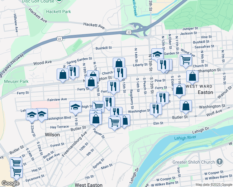 map of restaurants, bars, coffee shops, grocery stores, and more near 1563 Ferry Street in Easton