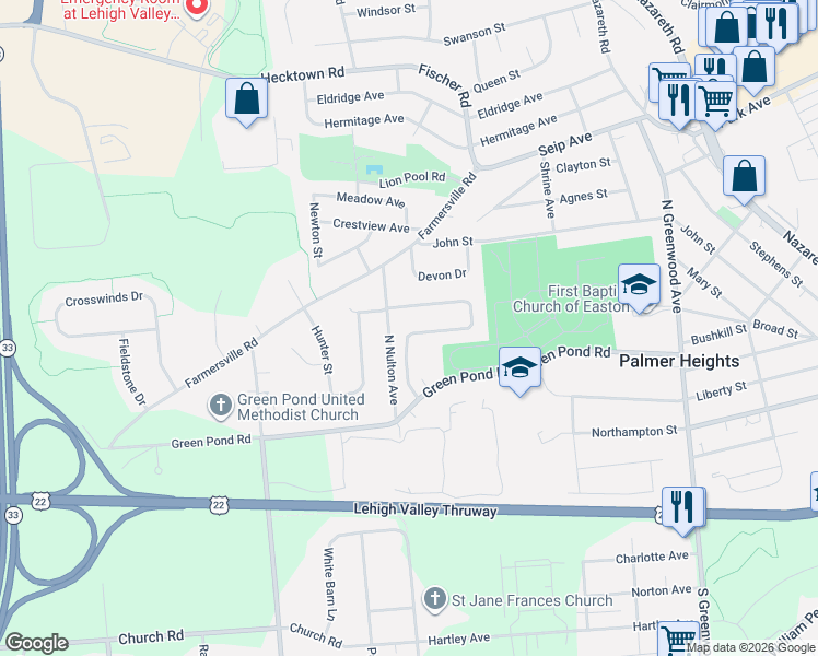 map of restaurants, bars, coffee shops, grocery stores, and more near 56 Ridgewood Road in Easton