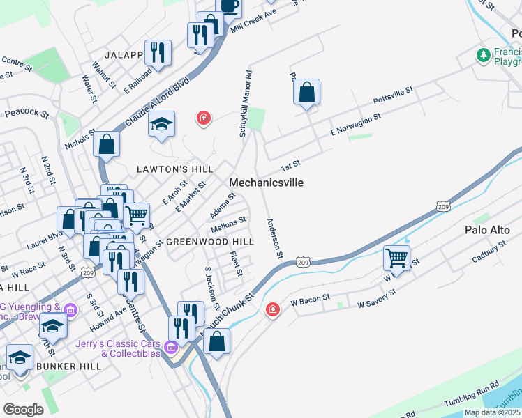map of restaurants, bars, coffee shops, grocery stores, and more near 145 Anderson Street in Pottsville