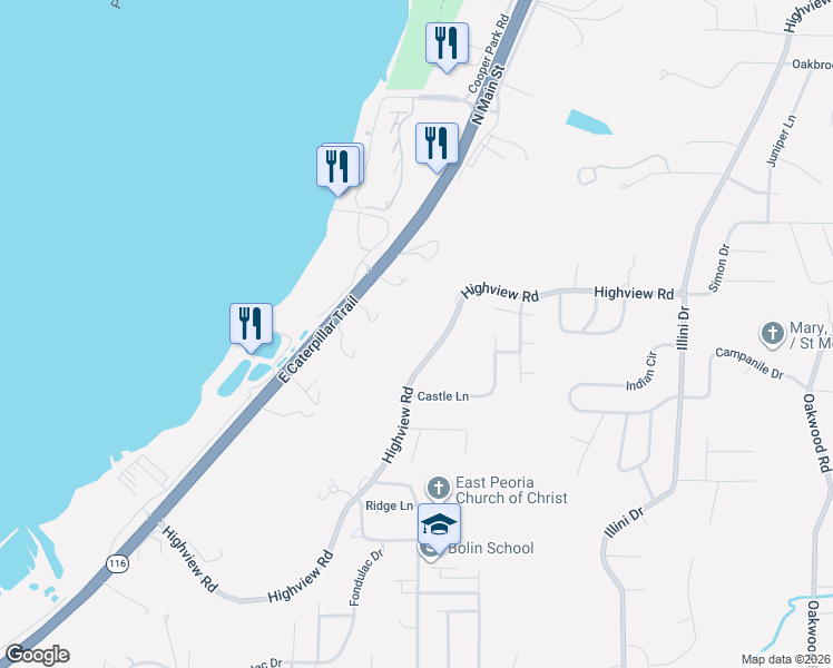 map of restaurants, bars, coffee shops, grocery stores, and more near 2106 North Main Street in East Peoria
