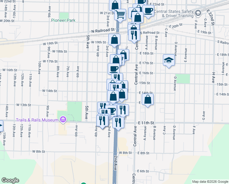 map of restaurants, bars, coffee shops, grocery stores, and more near 248-298 W 15th St in Kearney