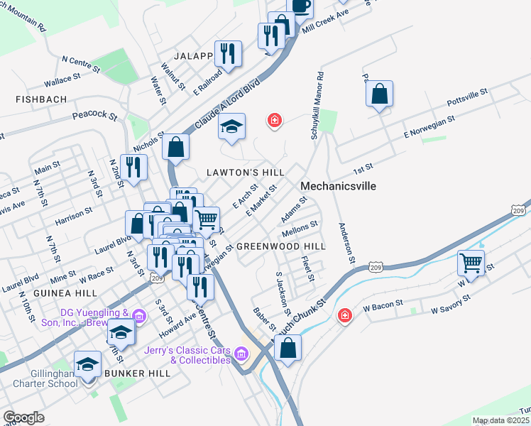map of restaurants, bars, coffee shops, grocery stores, and more near 518 East Norwegian Street in Pottsville