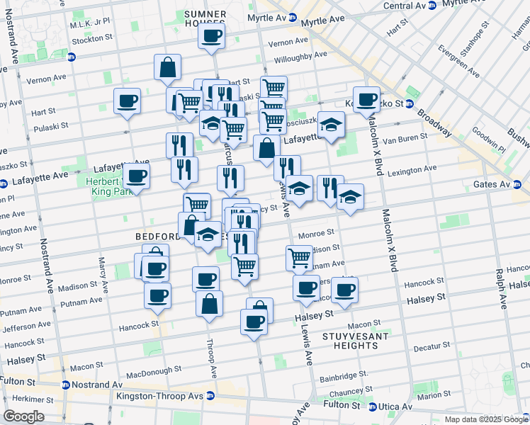 map of restaurants, bars, coffee shops, grocery stores, and more near 554A Lexington Avenue in Brooklyn