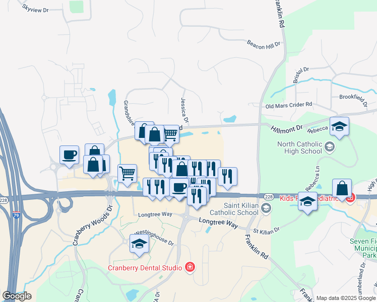 map of restaurants, bars, coffee shops, grocery stores, and more near 1675 Pennsylvania 228 in Cranberry Township