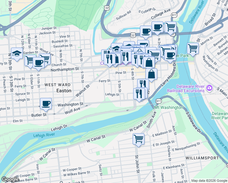 map of restaurants, bars, coffee shops, grocery stores, and more near 121 South 5th Street in Easton