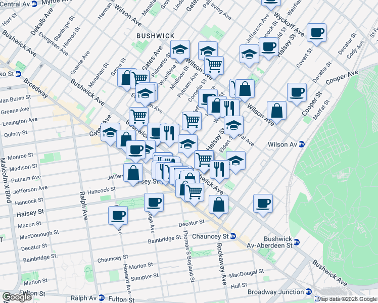 map of restaurants, bars, coffee shops, grocery stores, and more near 83 Weirfield Street in Brooklyn