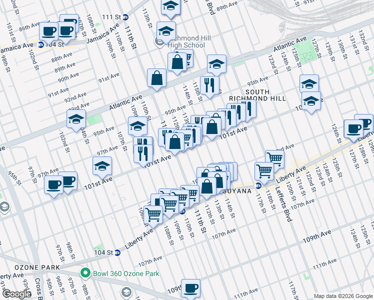 map of restaurants, bars, coffee shops, grocery stores, and more near 95-78 113th Street in Queens