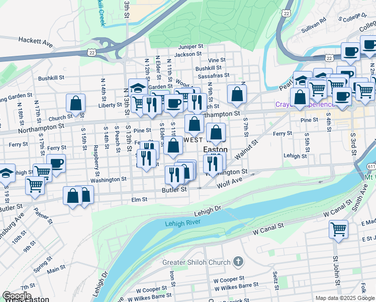 map of restaurants, bars, coffee shops, grocery stores, and more near 1025 Spruce Street in Easton