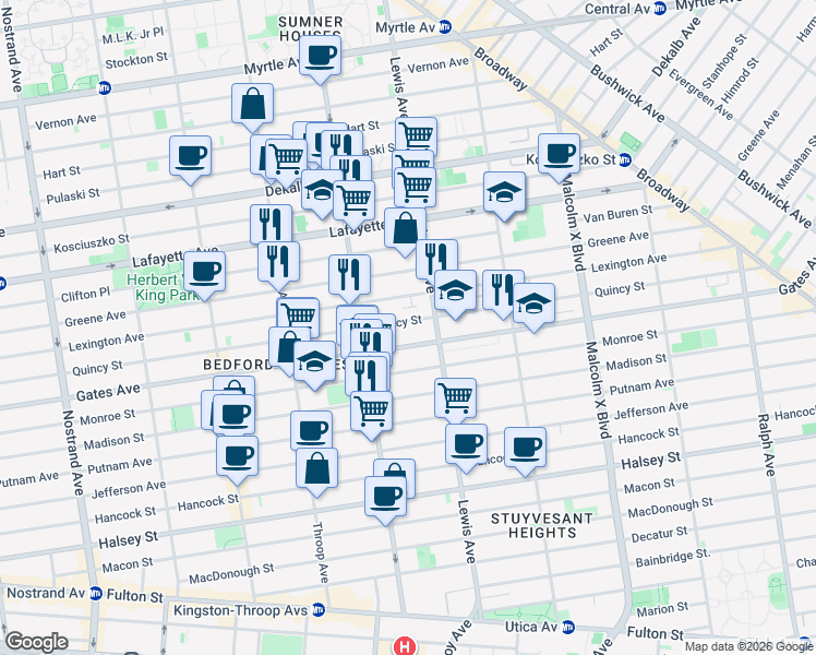 map of restaurants, bars, coffee shops, grocery stores, and more near 582 Quincy Street in Brooklyn