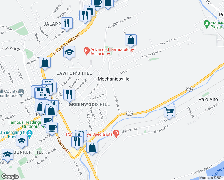 map of restaurants, bars, coffee shops, grocery stores, and more near 145 Anderson Street in Pottsville