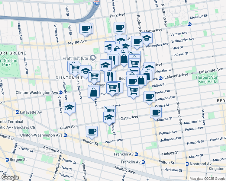 map of restaurants, bars, coffee shops, grocery stores, and more near 352 Classon Avenue in Brooklyn