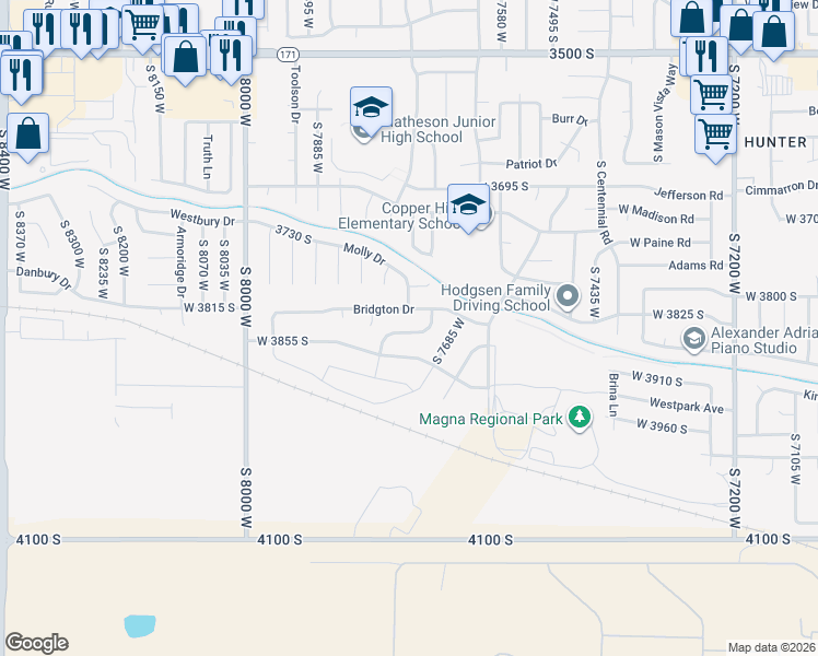 map of restaurants, bars, coffee shops, grocery stores, and more near 7724 West 3850 South in Magna