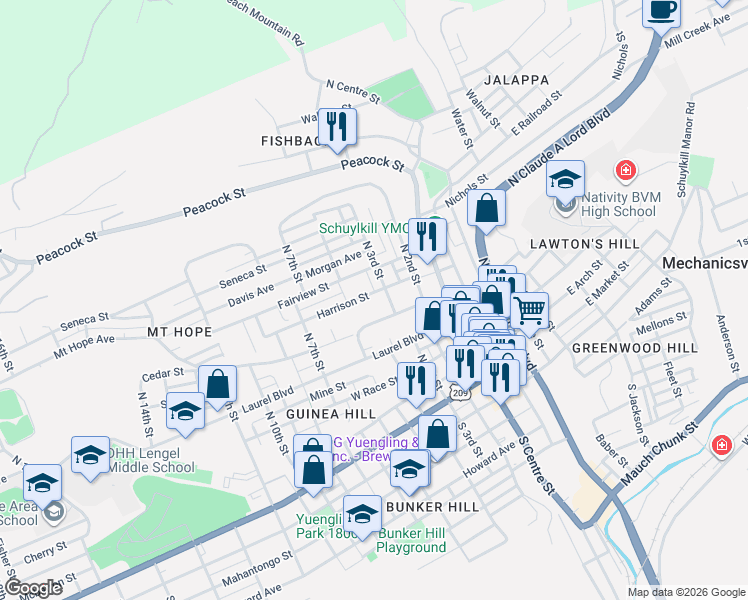 map of restaurants, bars, coffee shops, grocery stores, and more near 606 North 3rd Street in Pottsville