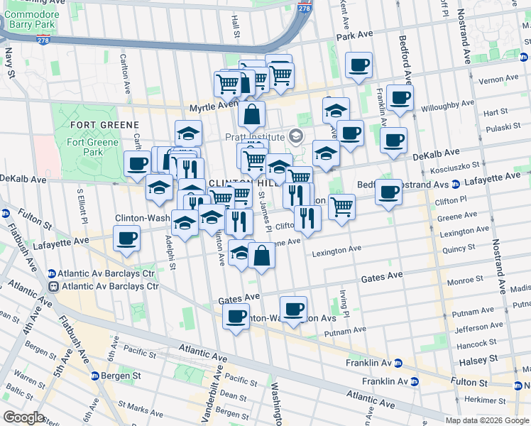map of restaurants, bars, coffee shops, grocery stores, and more near Lafayette Ave & St James Pl in Brooklyn