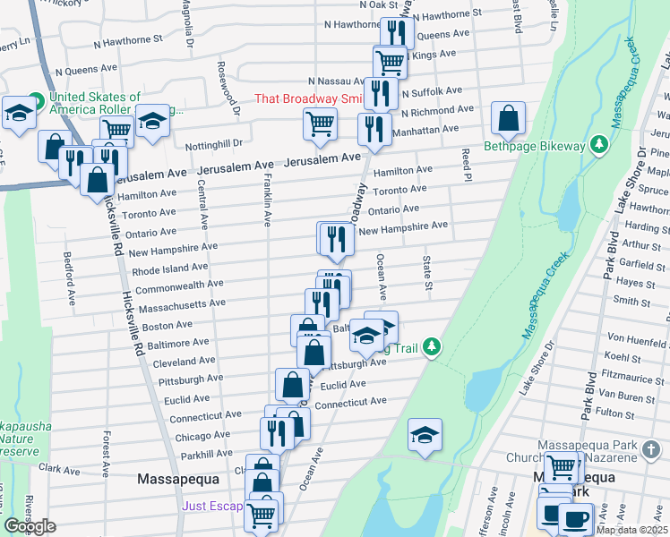 map of restaurants, bars, coffee shops, grocery stores, and more near 177 Rhode Island Avenue in Massapequa