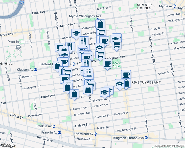 map of restaurants, bars, coffee shops, grocery stores, and more near 516 Greene Avenue in Brooklyn