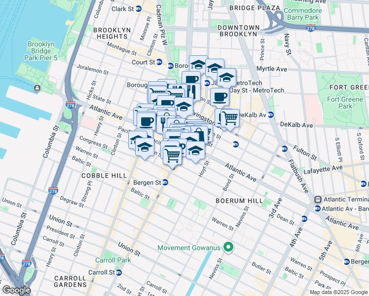 map of restaurants, bars, coffee shops, grocery stores, and more near 307 Atlantic Avenue in Brooklyn