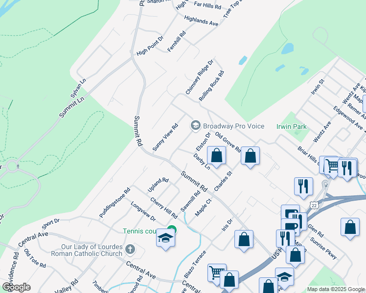 map of restaurants, bars, coffee shops, grocery stores, and more near 1072 Sunny Slope Drive in Mountainside
