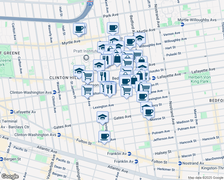 map of restaurants, bars, coffee shops, grocery stores, and more near 119 Clifton Place in Brooklyn