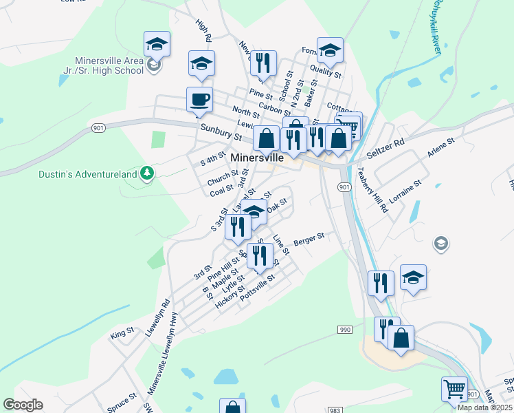 map of restaurants, bars, coffee shops, grocery stores, and more near 251 Spruce Street in Minersville