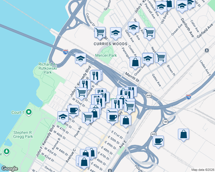 map of restaurants, bars, coffee shops, grocery stores, and more near 80 West 58th Street in Bayonne