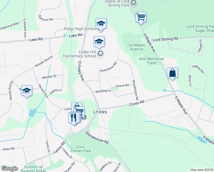 map of restaurants, bars, coffee shops, grocery stores, and more near 21 Forest Trail in Basking Ridge