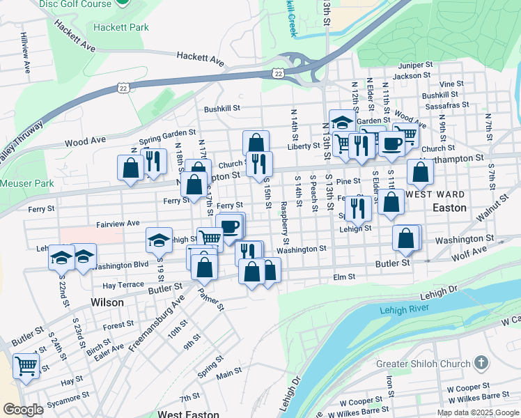 map of restaurants, bars, coffee shops, grocery stores, and more near 1510 Ferry Street in Easton