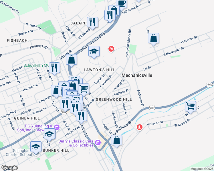 map of restaurants, bars, coffee shops, grocery stores, and more near 518 East Norwegian Street in Pottsville
