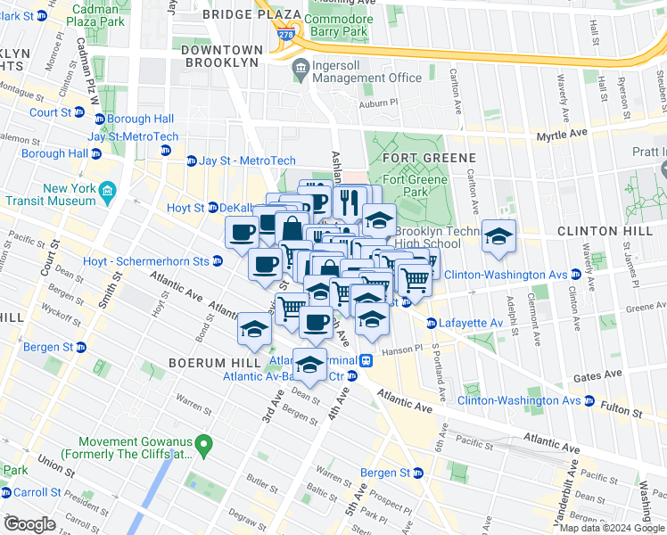 map of restaurants, bars, coffee shops, grocery stores, and more near 647 Fulton Street in Brooklyn