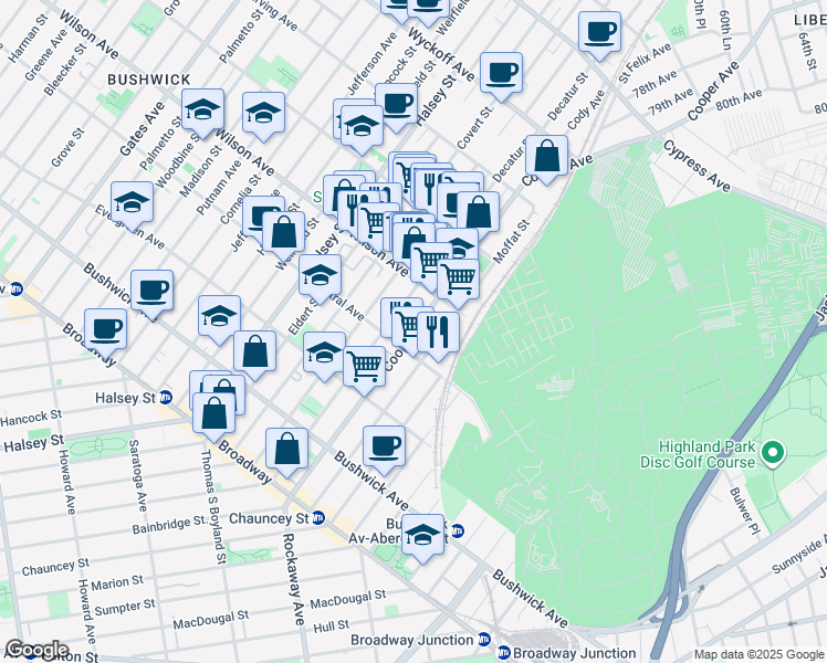 map of restaurants, bars, coffee shops, grocery stores, and more near Cooper Street in Brooklyn