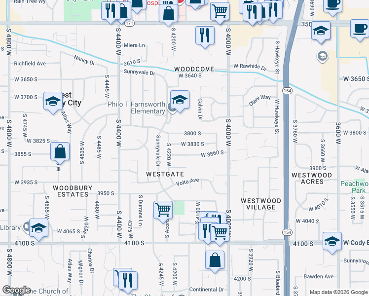 map of restaurants, bars, coffee shops, grocery stores, and more near 4159 West 3830 South in West Valley City