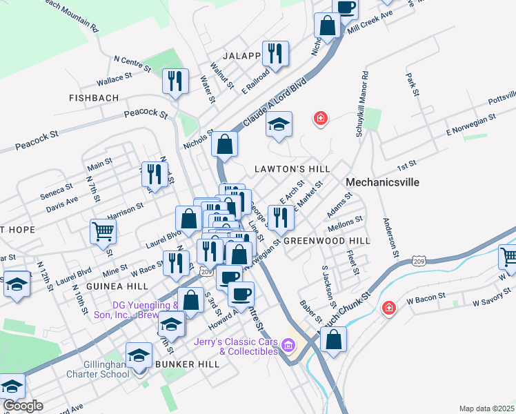 map of restaurants, bars, coffee shops, grocery stores, and more near 216 North George Street in Pottsville