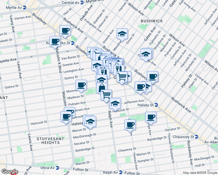 map of restaurants, bars, coffee shops, grocery stores, and more near 1010-1012 Gates Avenue in Brooklyn