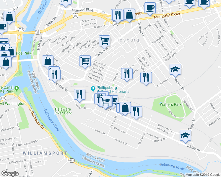 map of restaurants, bars, coffee shops, grocery stores, and more near 333 Washington Street in Phillipsburg