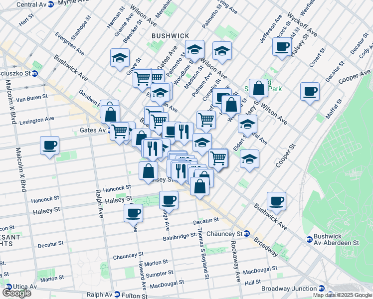 map of restaurants, bars, coffee shops, grocery stores, and more near 1203 Bushwick Avenue in Brooklyn
