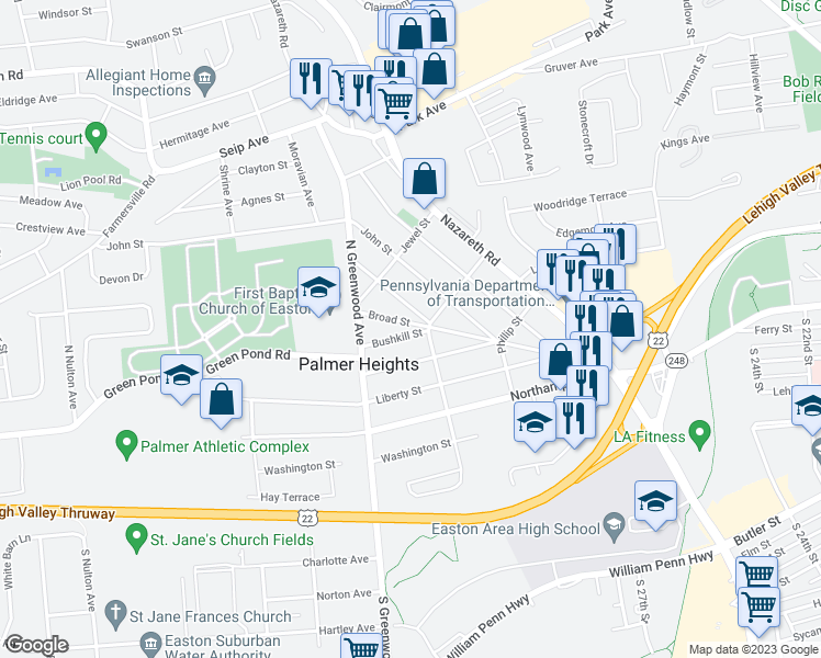 map of restaurants, bars, coffee shops, grocery stores, and more near 2700 Broad Street in Easton