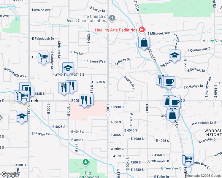 map of restaurants, bars, coffee shops, grocery stores, and more near 3779 1300 East in Millcreek