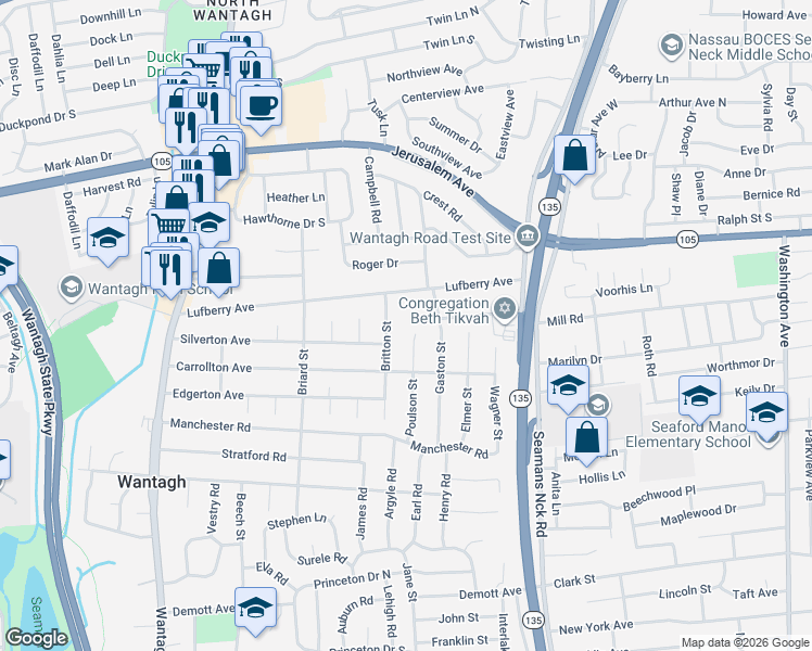 map of restaurants, bars, coffee shops, grocery stores, and more near 3606 Lufberry Avenue in Wantagh