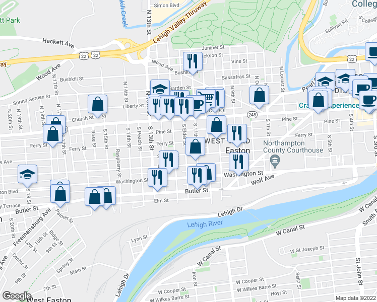 map of restaurants, bars, coffee shops, grocery stores, and more near 1123 Spruce Street in Easton