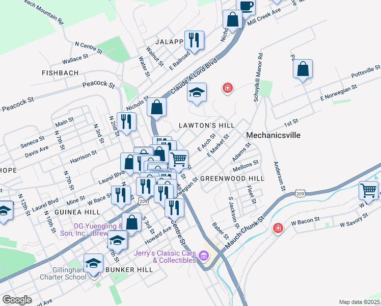 map of restaurants, bars, coffee shops, grocery stores, and more near 418 East Arch Street in Pottsville