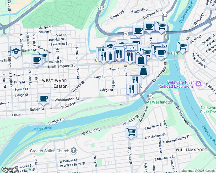 map of restaurants, bars, coffee shops, grocery stores, and more near 121 South 5th Street in Easton
