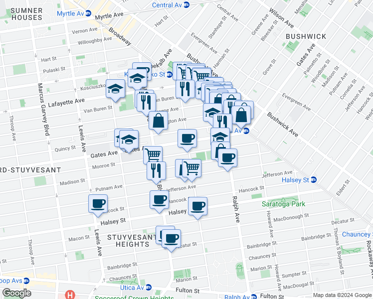 map of restaurants, bars, coffee shops, grocery stores, and more near 102 Patchen Avenue in Brooklyn