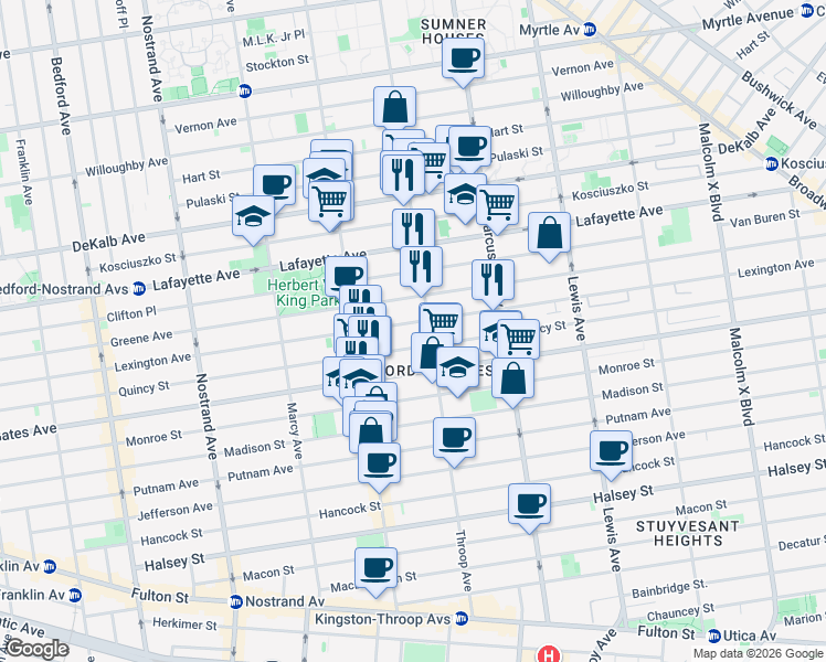 map of restaurants, bars, coffee shops, grocery stores, and more near 434 Throop Avenue in Brooklyn